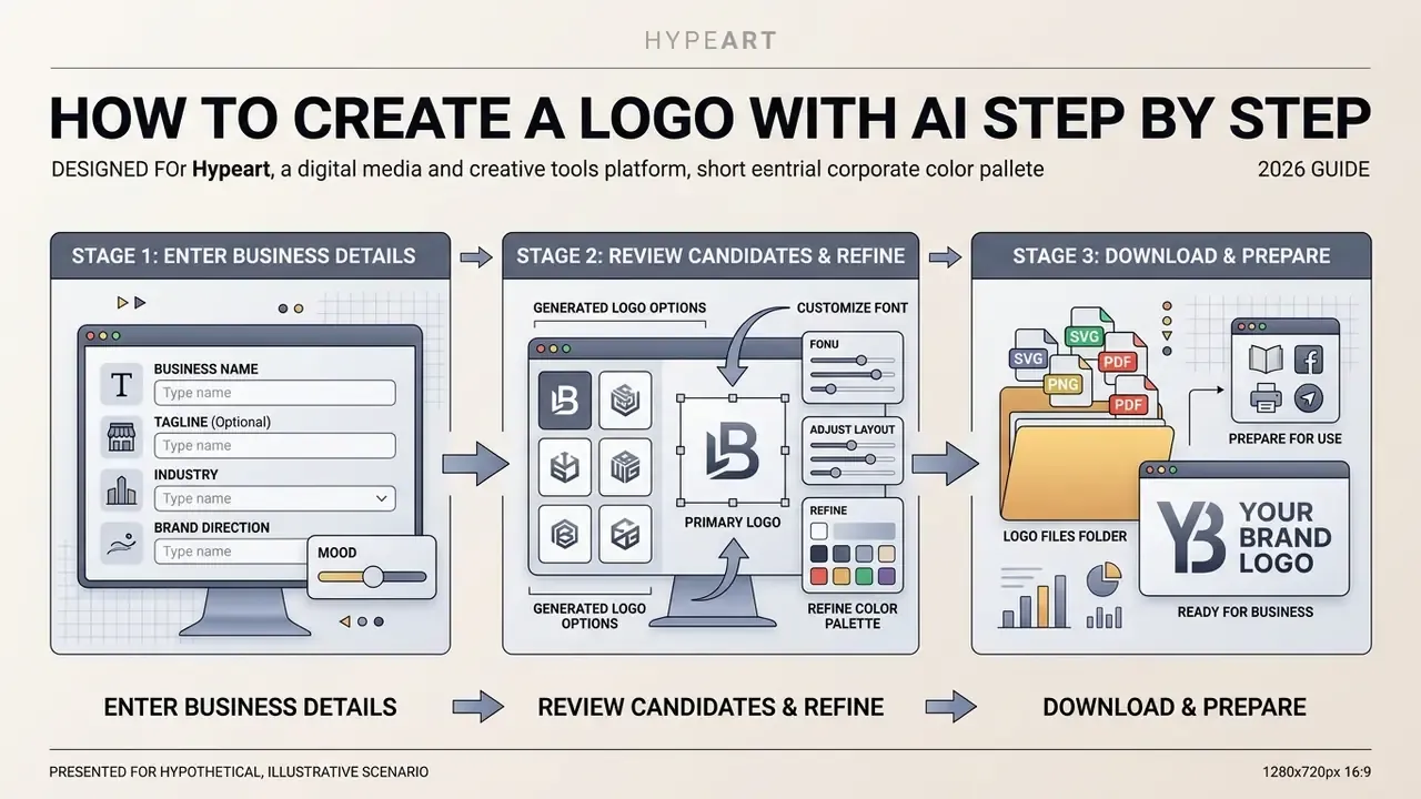 Three stage diagram showing the process of using an ai logo generator to create and export brand files