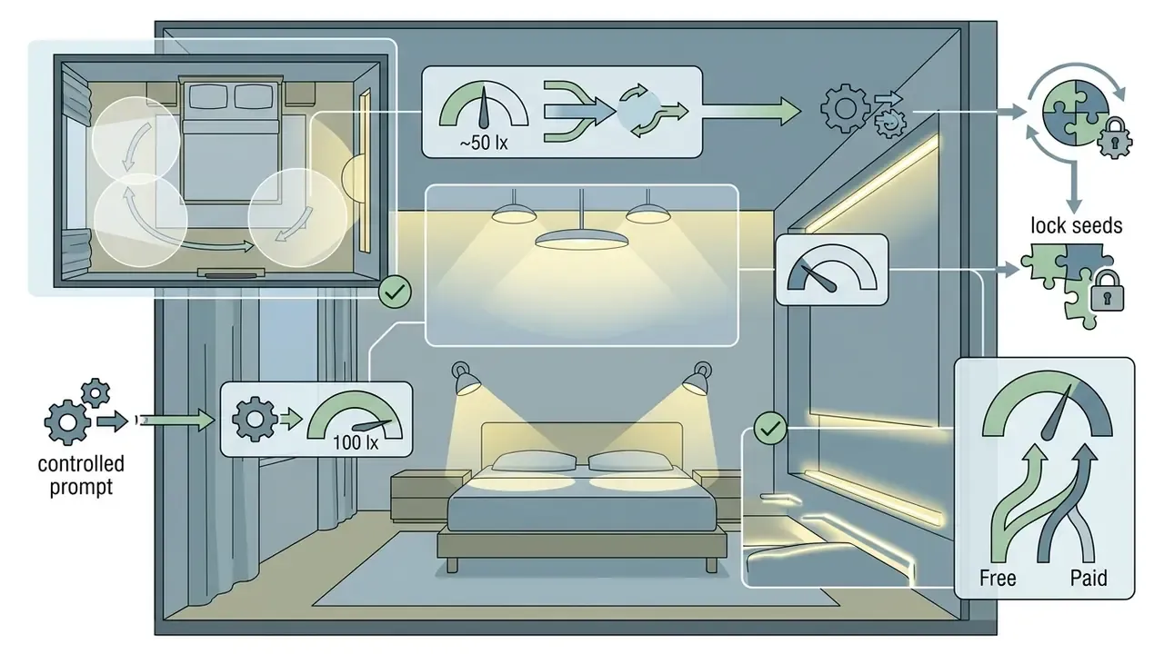 Bedroom lighting plan showing ambient and accent light levels with flowcharts for design generation