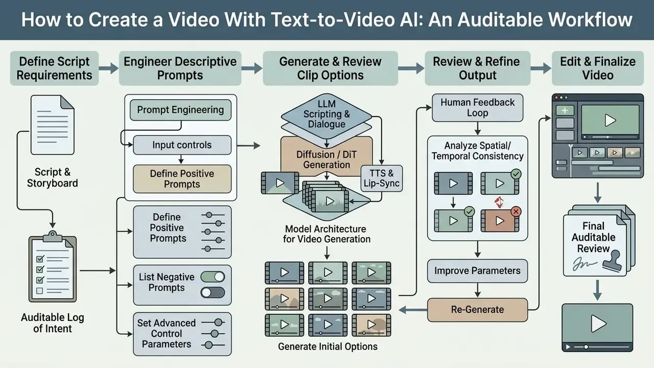 Step-by-step workflow showing the stages of script definition, prompt engineering, and iterative AI video review
