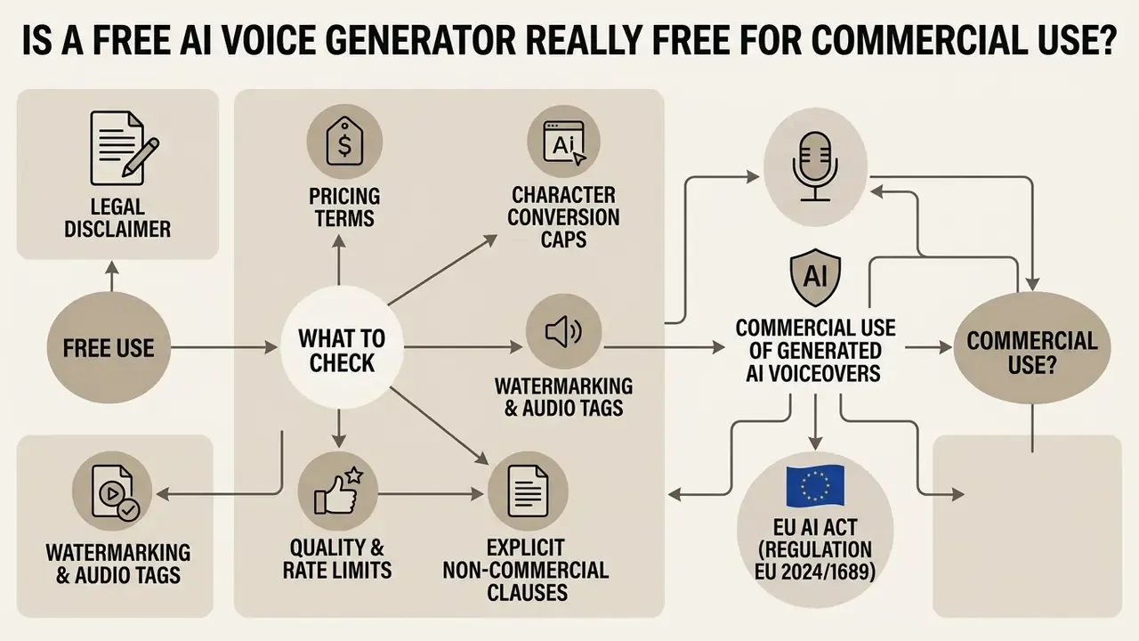 Flowchart outlining factors to check when using a free AI voice generator for commercial purposes