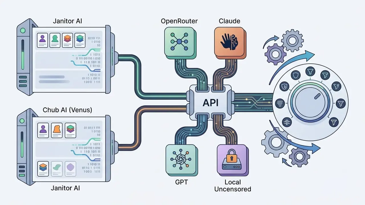 Chat platforms connecting to various API backends and a control dial for adjusting filter settings