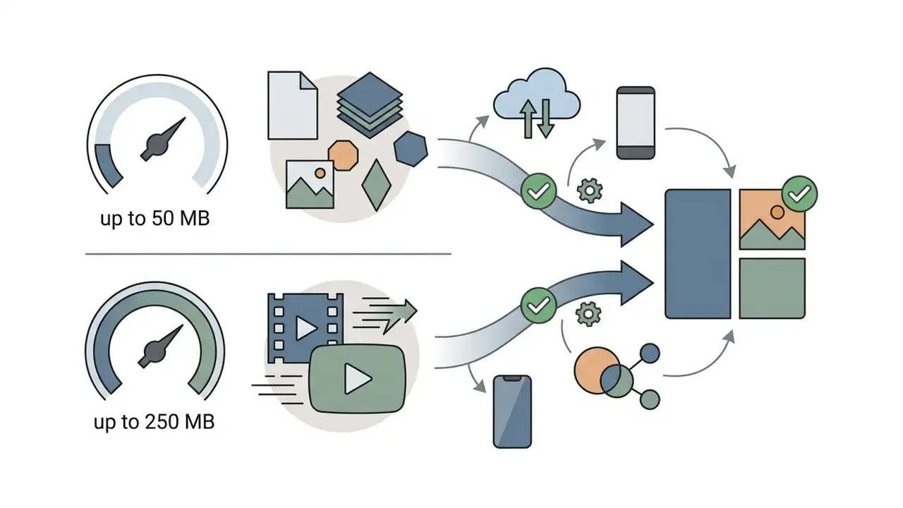 Icons showing file size limits for images and videos being uploaded from various devices and cloud sources
