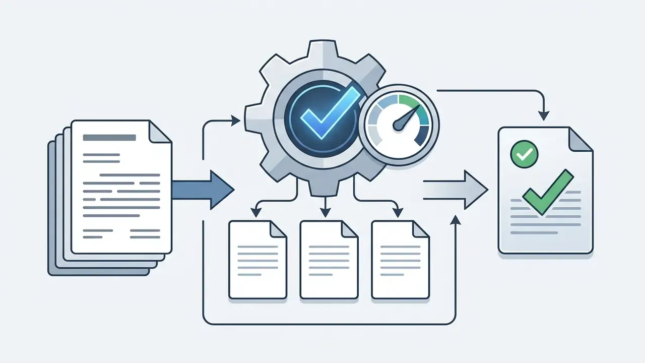 Documents feeding into a central gear mechanism that processes data into checked legal documents
