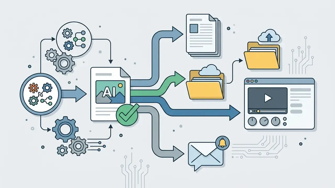 Gear systems processing an AI image file that distributes into documents, cloud folders, and video platforms