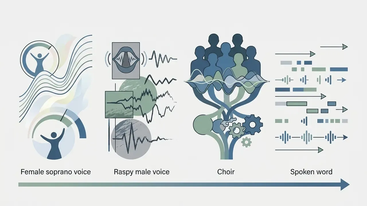 Four icons representing vocal parameters including soprano, raspy male voice, choir, and spoken word