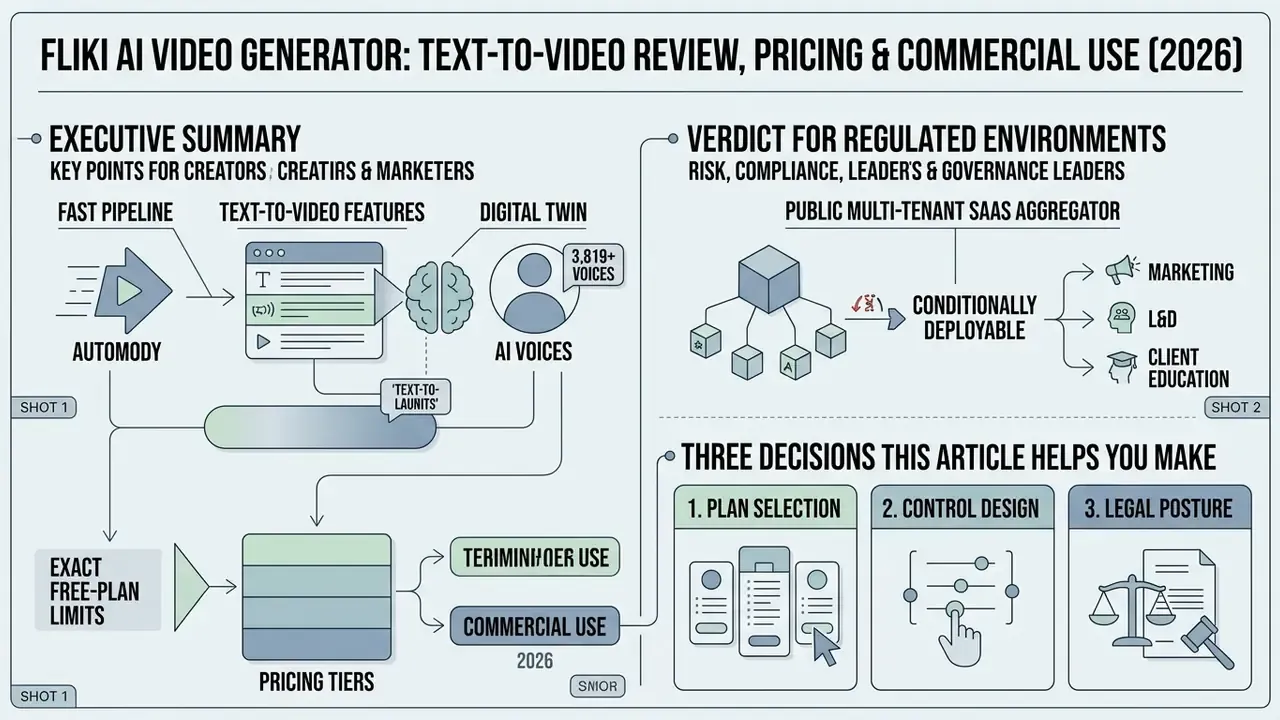 Infographic showing the Fliki AI video generator pipeline, pricing tiers, and deployment considerations