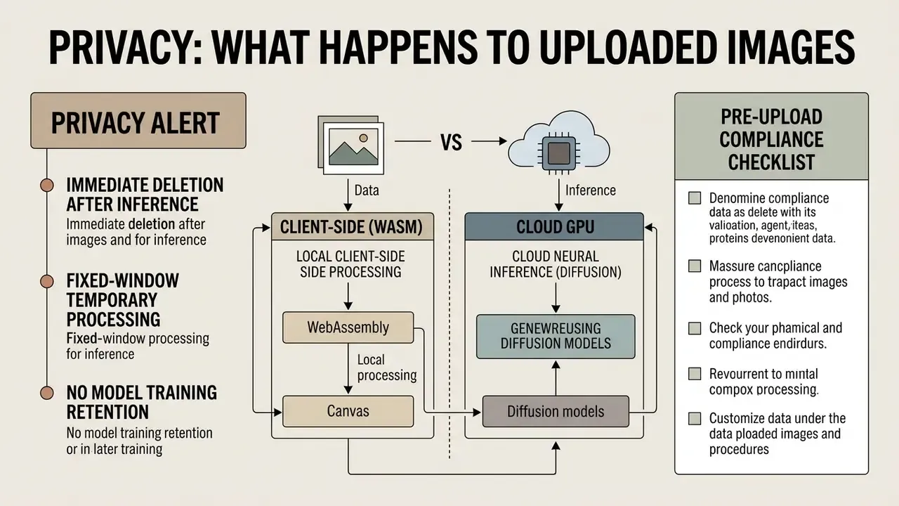 Comparison infographic detailing privacy protocols for local WebAssembly versus cloud GPU image processing