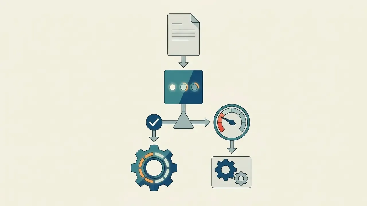 Document feeding into a processor that routes data to a checkmark, a gear, and a performance gauge