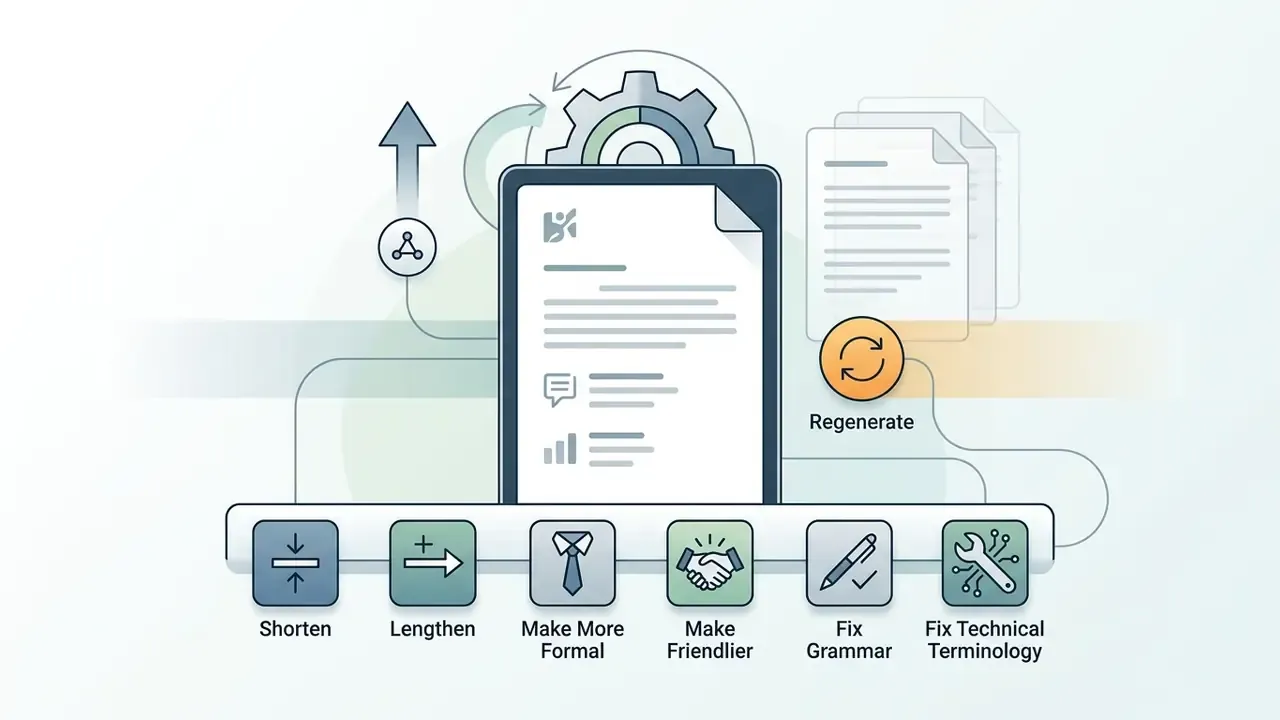 Document icon with control buttons for editing text length, tone, grammar, and technical terminology