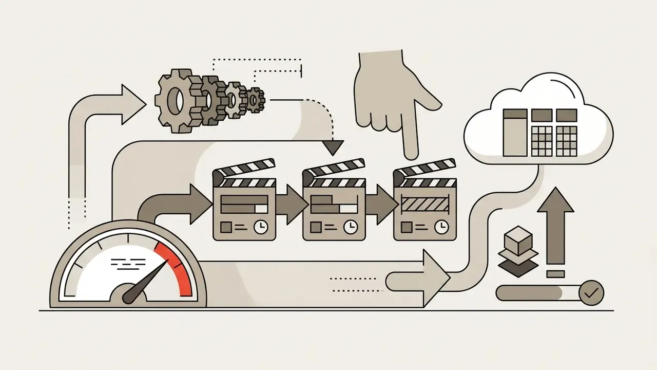 Speedometer and gears controlling clapperboard icons that flow into a cloud storage and usage limit gauge