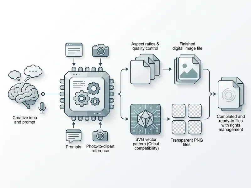Conceptual diagram showing creative inputs processed by a central chip into various digital file formats