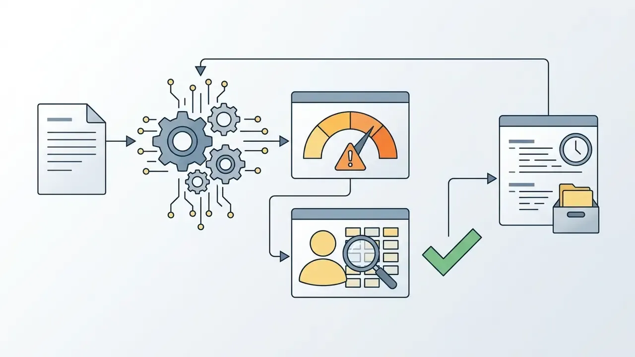 Process showing document input, automated processing, risk monitoring, and human verification steps