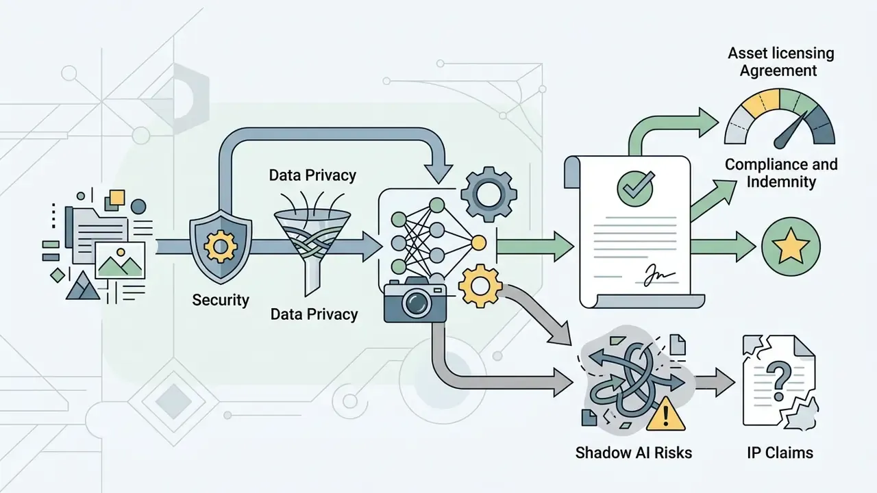 Files moving through security and privacy filters to either a signed agreement or risky IP claim paths