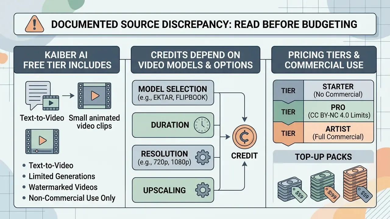 Infographic summarizing free tier features, credit usage factors, and subscription pricing levels