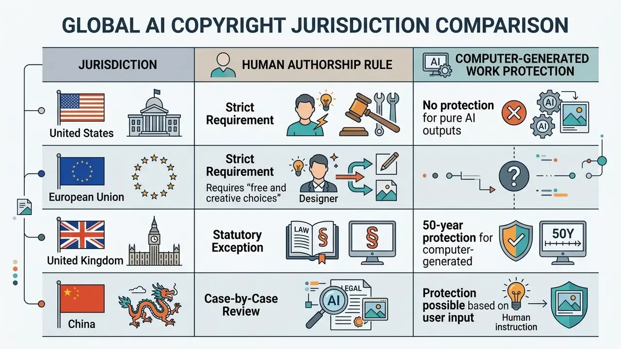 Table comparing human authorship rules and computer-generated work protection across four jurisdictions