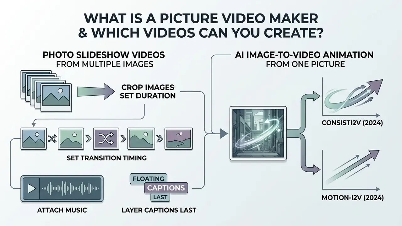 Infographic comparing photo slideshow creation steps with AI image-to-video animation techniques