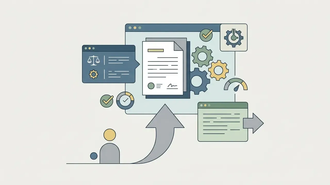 User icon pointing an arrow toward a document window with gears, a risk gauge, and legal compliance icons