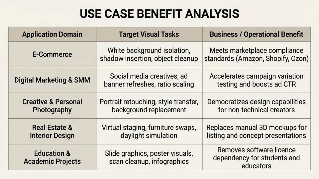 Table mapping application domains to visual tasks and operational benefits for an AI image editor