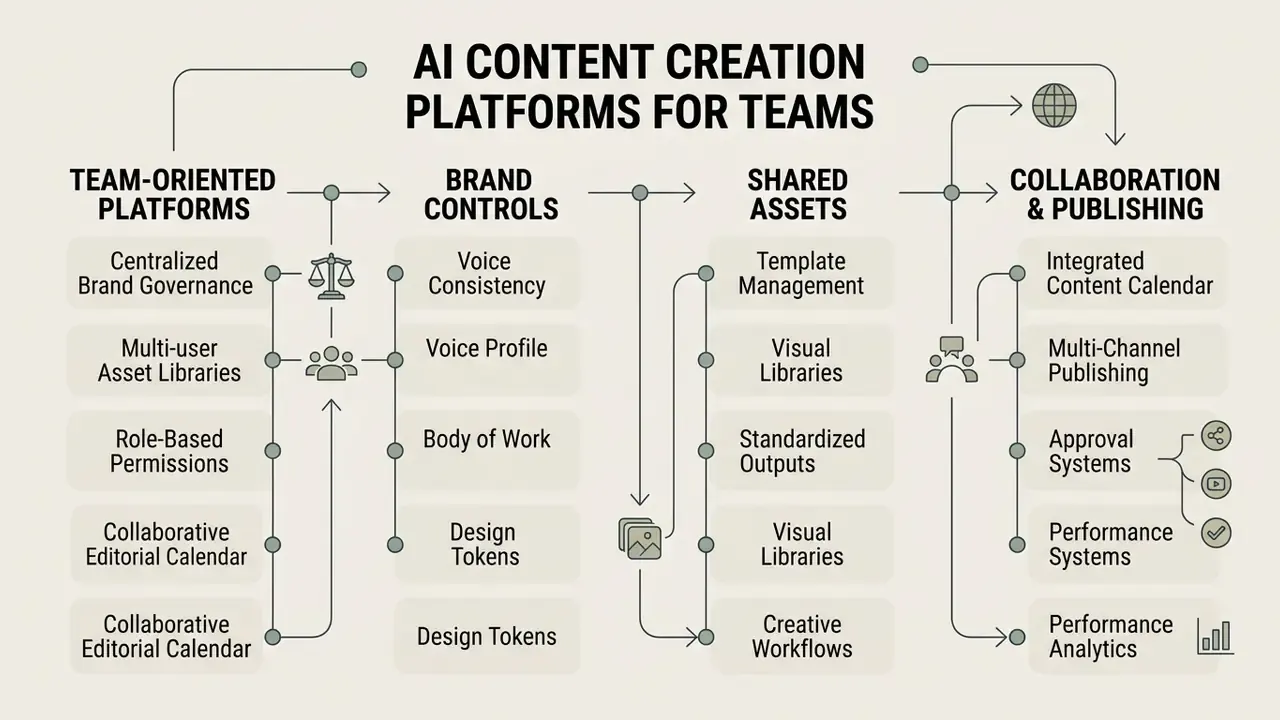 Flowchart showing components of AI content creation platforms including brand controls and collaboration
