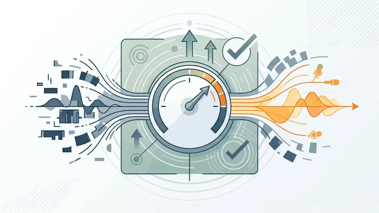Gauge dial processing audio waveforms and microphone icons to produce a balanced sound output