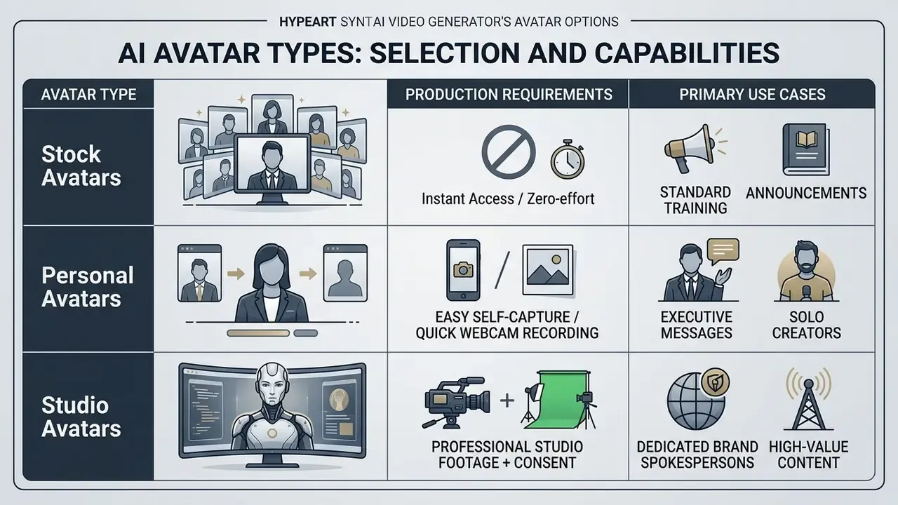 Comparison table detailing production requirements and use cases for stock, personal, and studio AI avatars