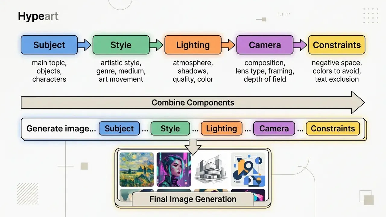 Diagram showing how to combine subject, style, lighting, camera, and constraints to generate AI art