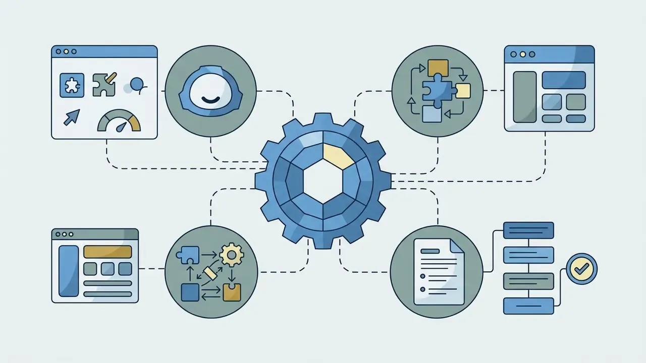 Browser windows and integration icons feed into a gear system that outputs structured data and workflows