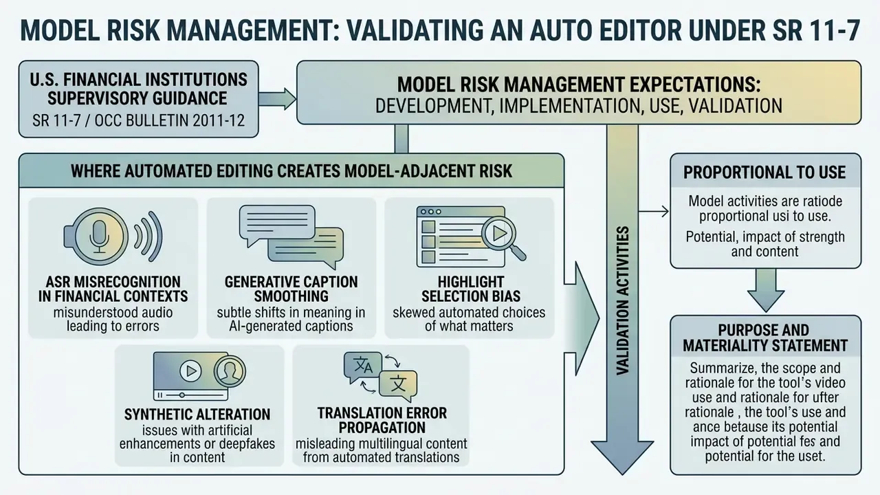 Diagram mapping automated media risks to regulatory validation requirements for financial institutions