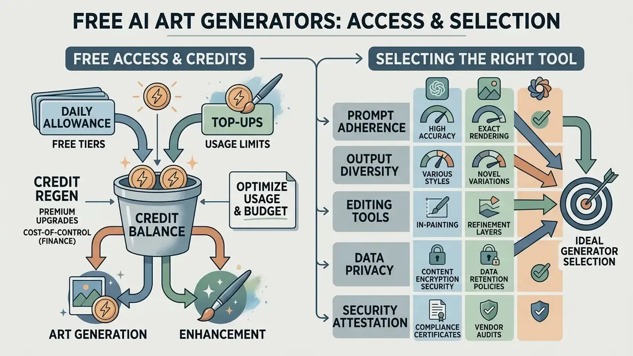 Infographic showing a credit balance system for generator usage and a selection matrix for tool features
