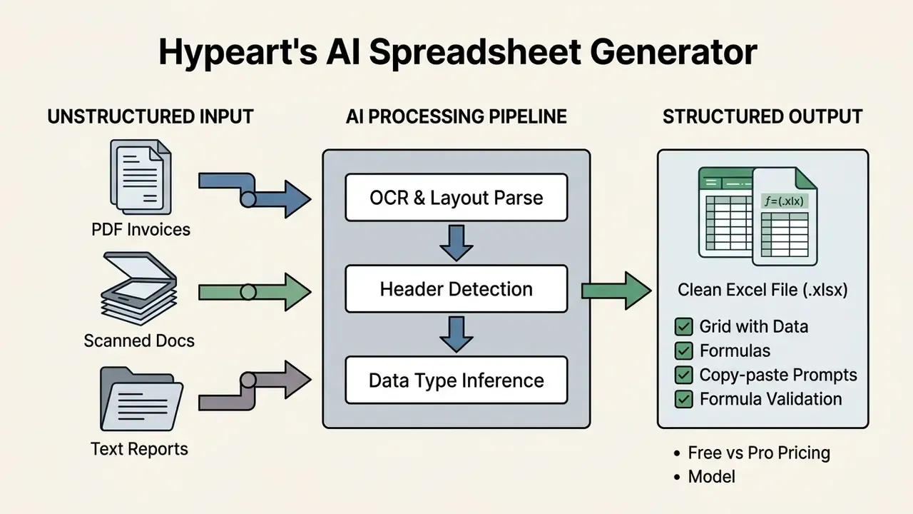 Diagram showing unstructured data inputs flowing through an AI pipeline into organized Excel files
