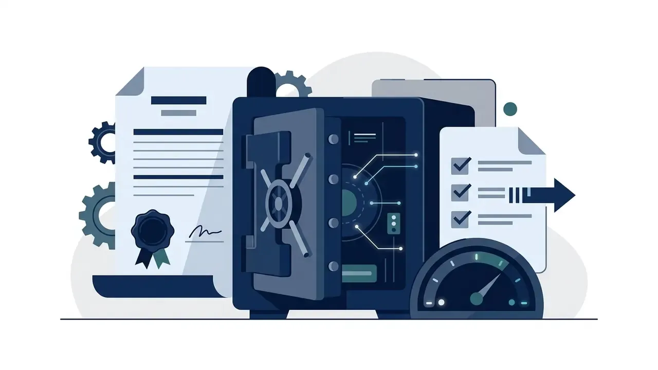 Open vault surrounded by legal documents, checklists, and a speedometer gauge representing authority