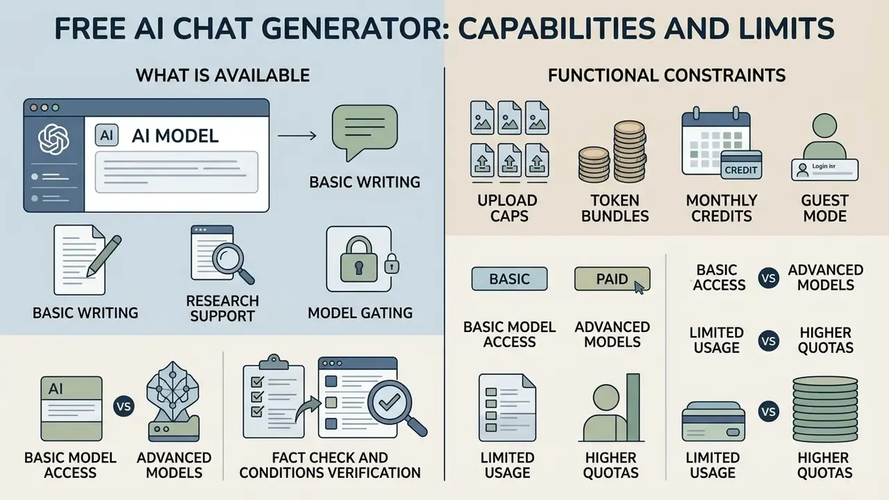 Infographic comparing free access features with functional constraints like usage caps and model gating