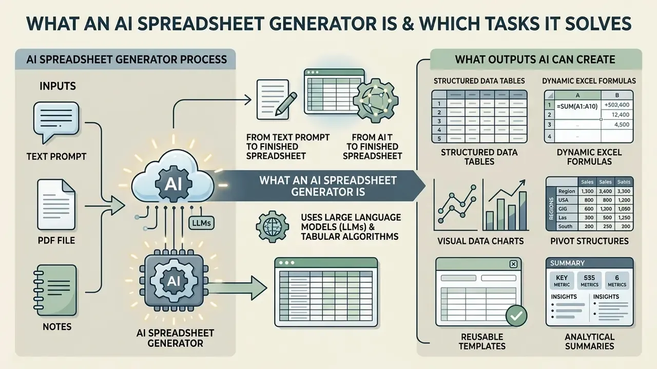 Infographic showing how an AI spreadsheet generator processes inputs into tables, formulas, and charts