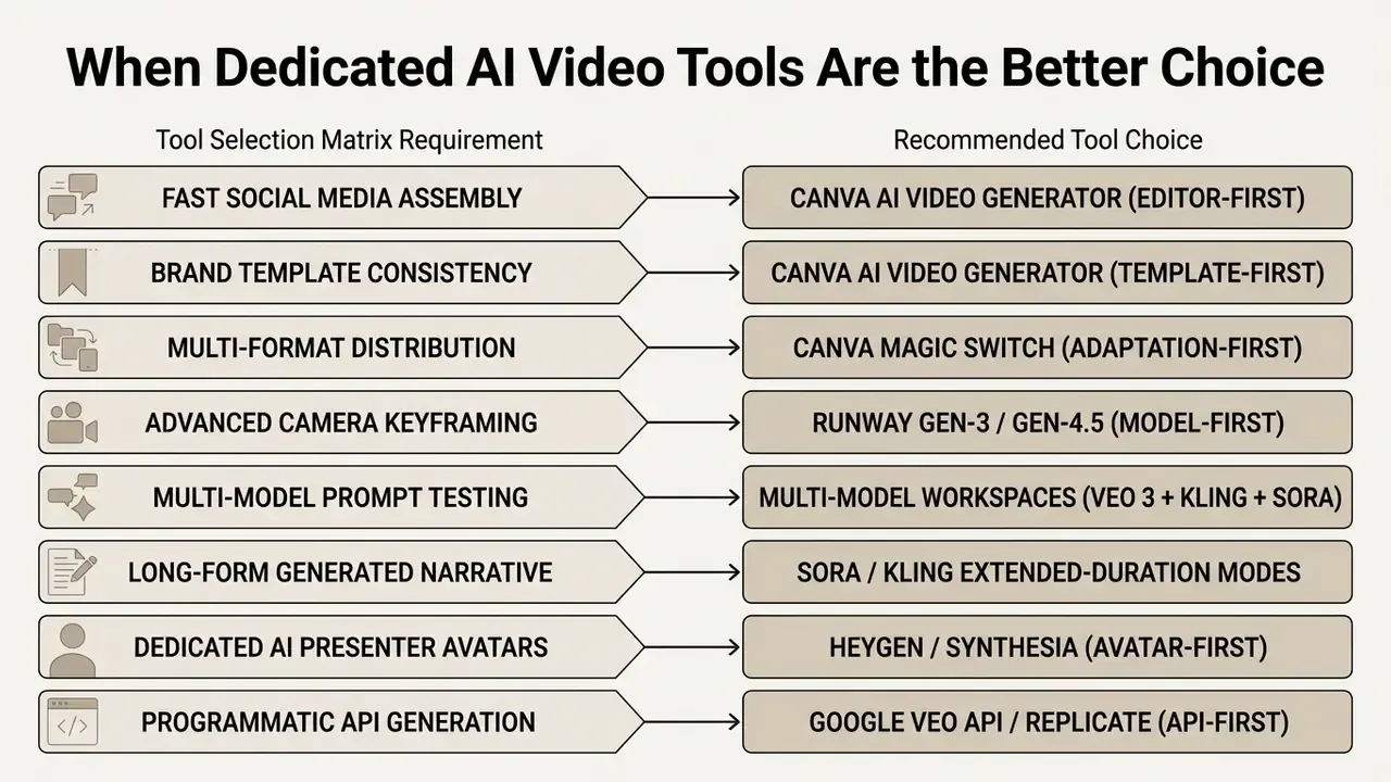 Comparison table mapping specific video production requirements to recommended software tools