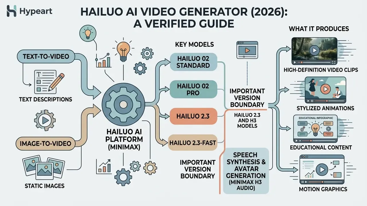 Infographic showing how the Hailuo AI platform processes text and images into various video formats