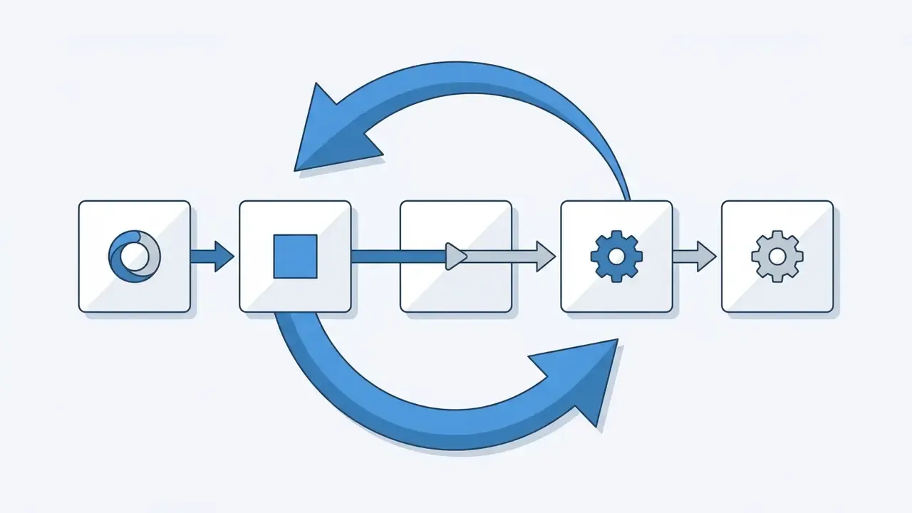 Linear sequence of icons with curved arrows indicating a repeating process of state tracking and edits