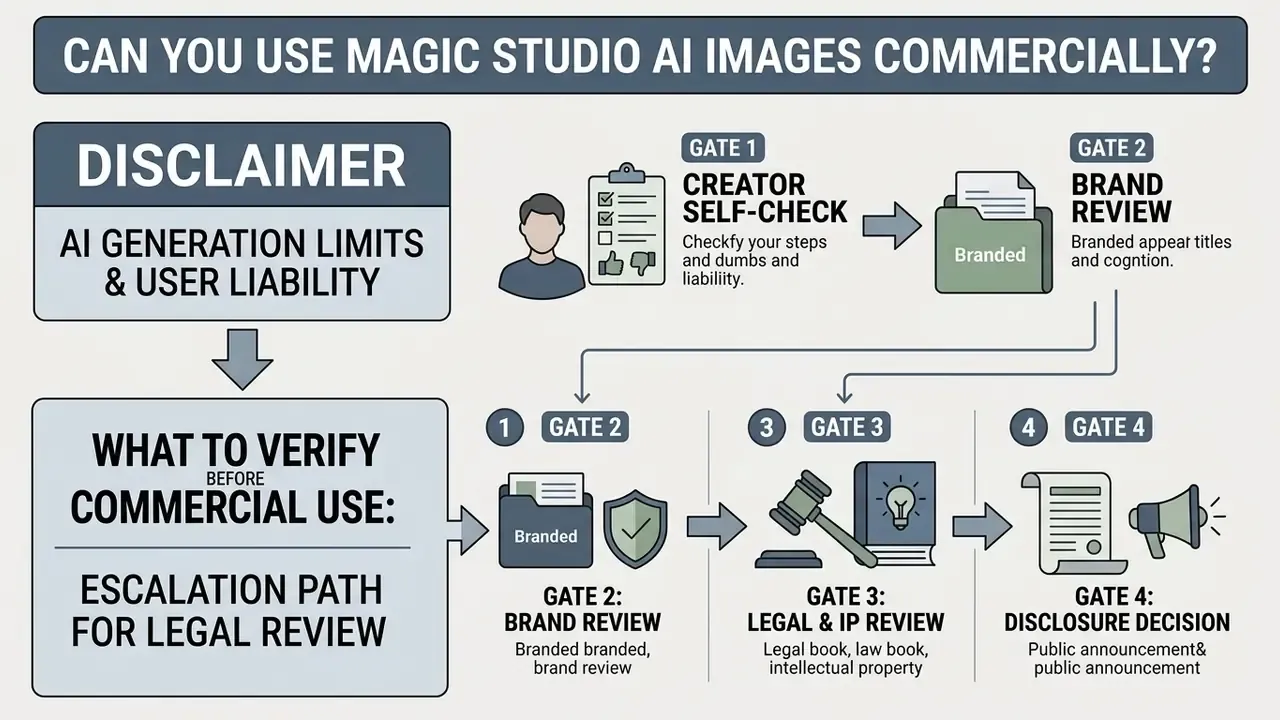 Sequential process map showing four gates for verifying commercial use of generated AI assets