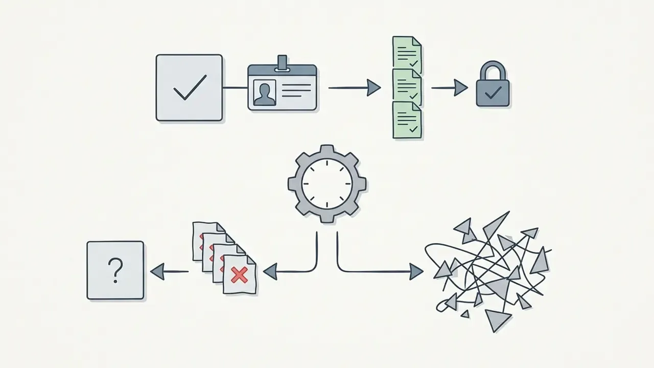 Assigned owner icon leading to documents and a lock versus a gear mechanism creating disorganized chaos