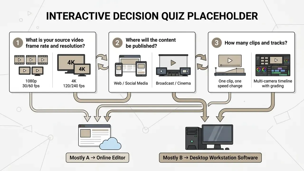 Decision flow chart guiding users to choose between online tools or desktop software based on project needs