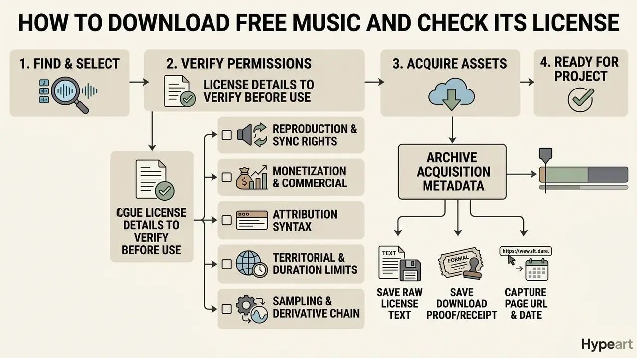 Step by step process for verifying audio permissions and archiving metadata before project integration