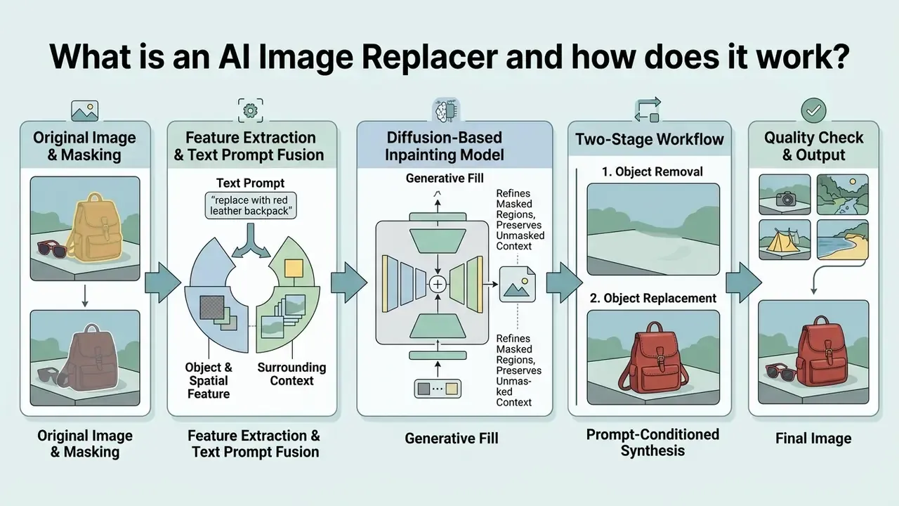 Flowchart detailing the steps of an AI image replacer from masking and feature extraction to final output