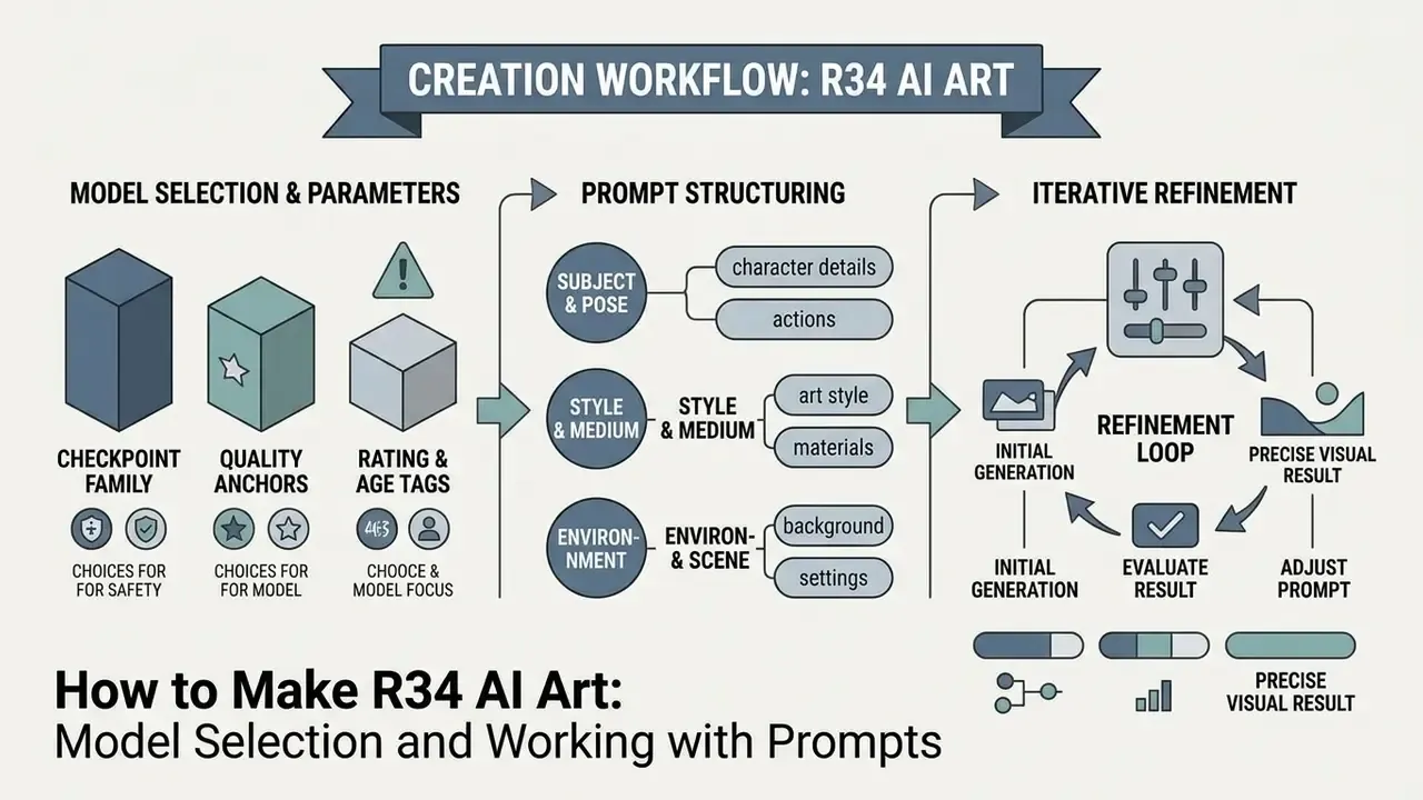 Diagram illustrating the process of selecting models, structuring prompts, and refining digital artwork