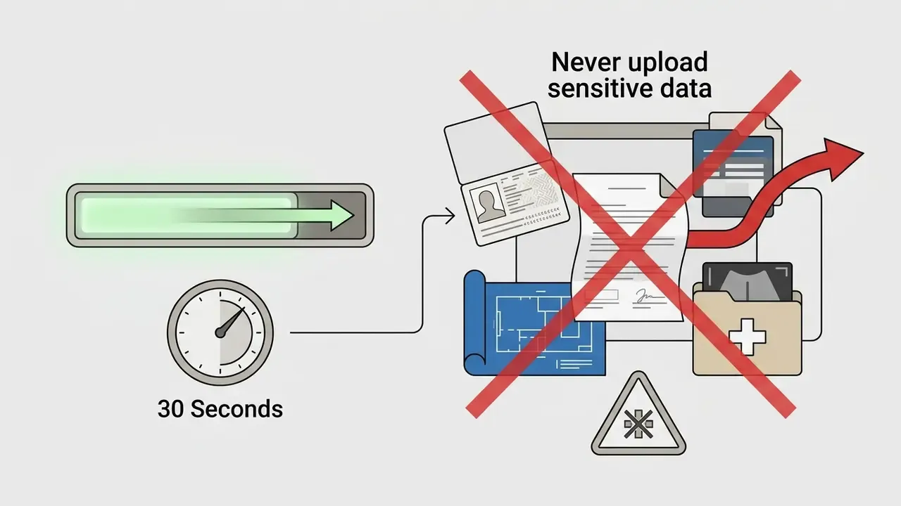 Warning icon over documents like passports and medical records indicating that sensitive data should not be uploaded