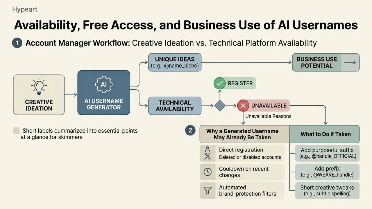 Process diagram showing how an AI username generator balances creative ideation with technical availability