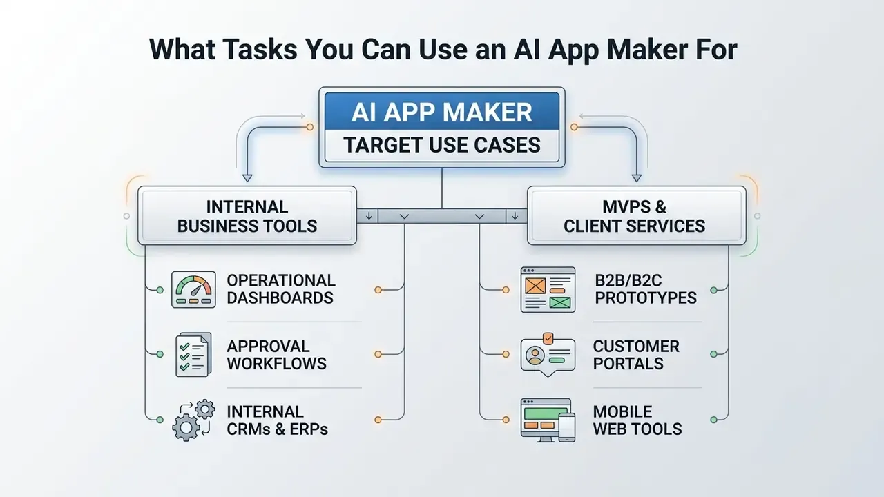 Categorized list of software development use cases split between internal business tools and client services
