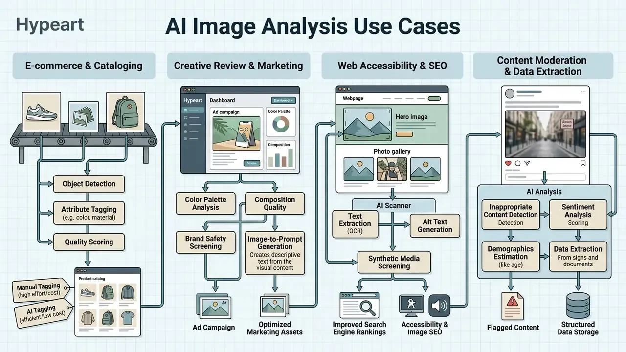 Flowchart showing how automated visual processing supports e-commerce, marketing, accessibility, and data tasks