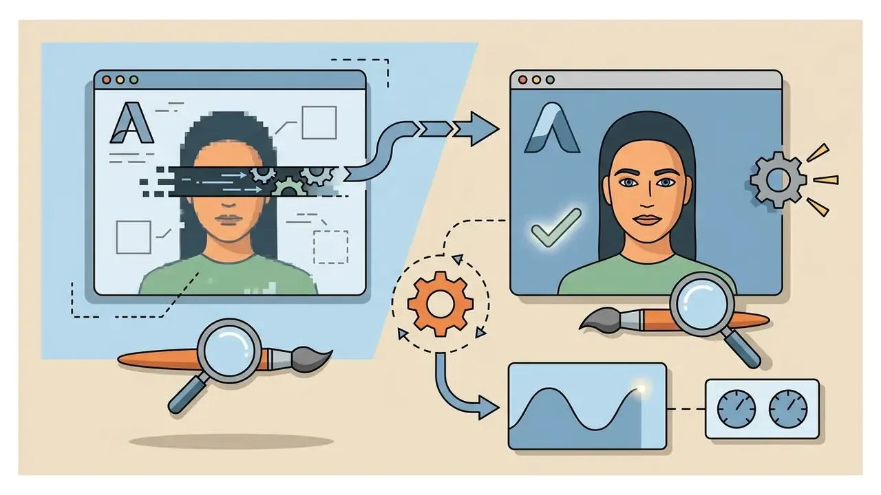 Digital interface showing a pixelated portrait being refined into a clear image with tools and gears
