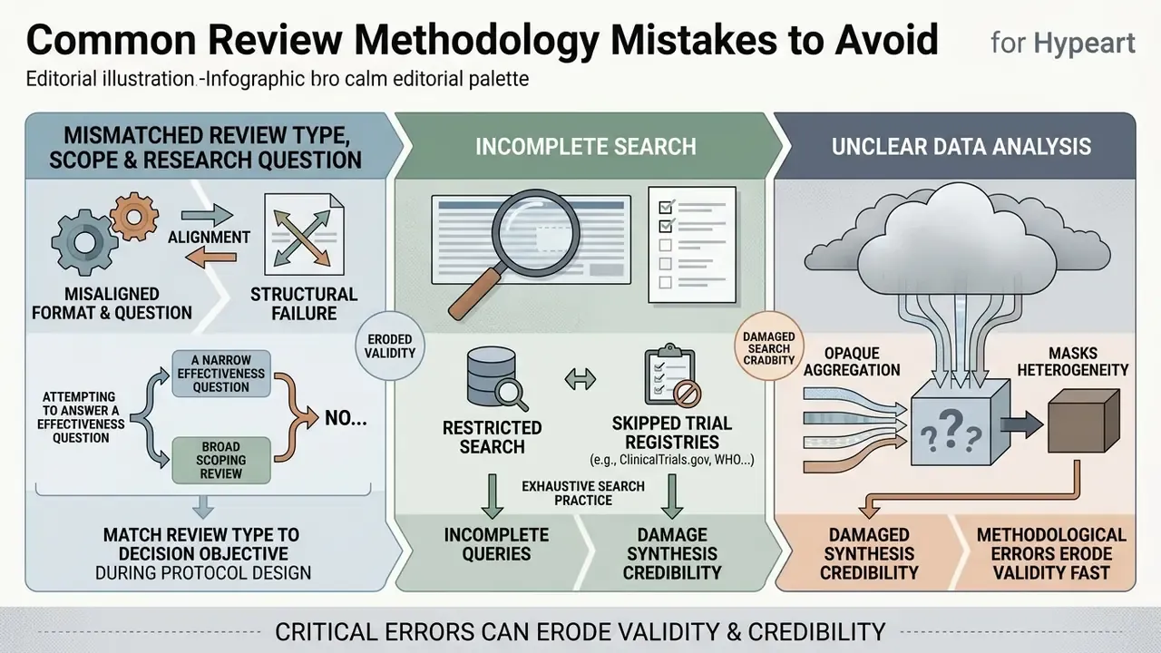 Three-panel diagram showing common research pitfalls like mismatched scopes and opaque data aggregation