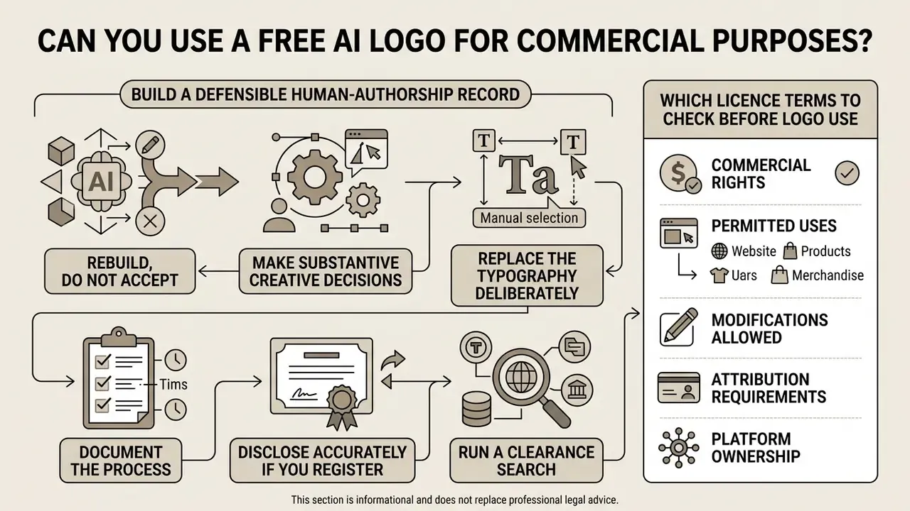 Diagram outlining steps to establish human authorship and check license terms for AI generated logos