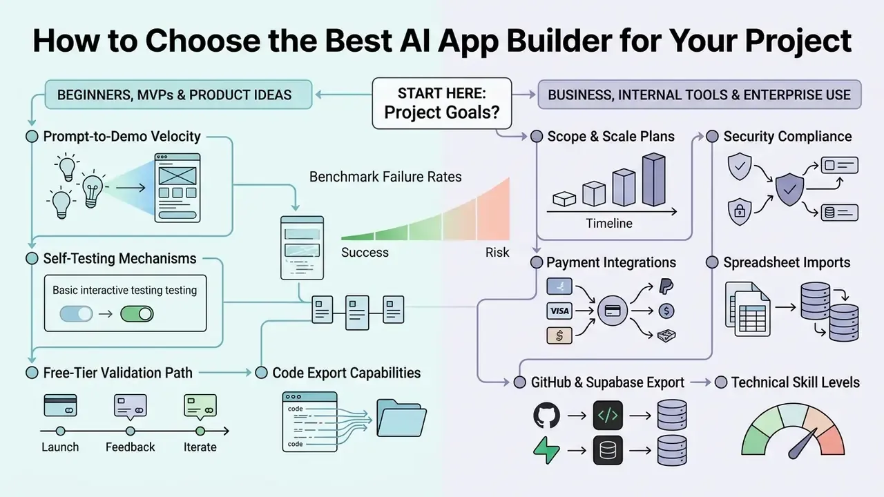 Decision flowchart comparing criteria for selecting AI app builders based on project scope and complexity